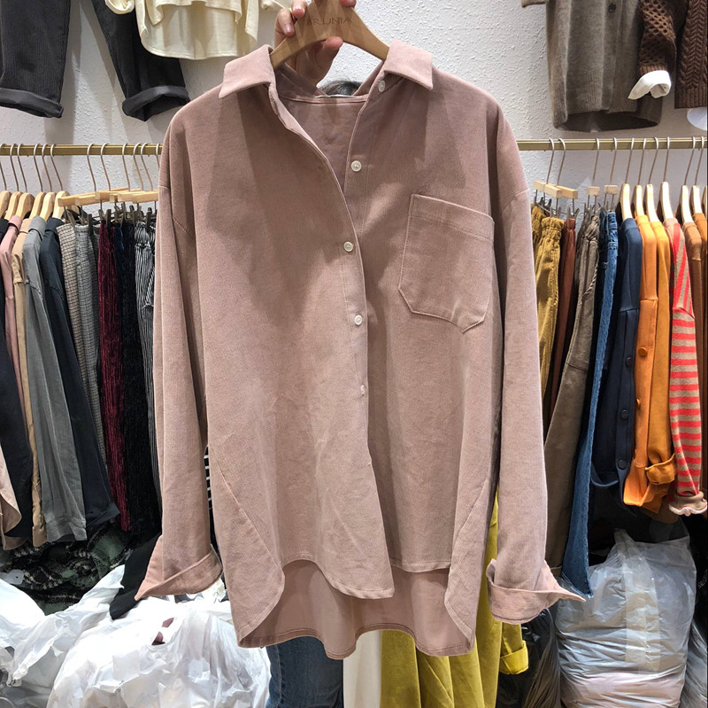 QNI Hàn Quốc mua áo nữ mùa thu 2018 mới Dongdaemun cộng với áo nhung dày 102111 áo sơ mi sọc caro nữ tay dài