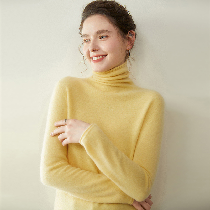 High-End Cashmere Sweater for Women, Knitted with Rolled Edges, High Collar, Solid Color, Loose Fit, Cashmere Base Layer