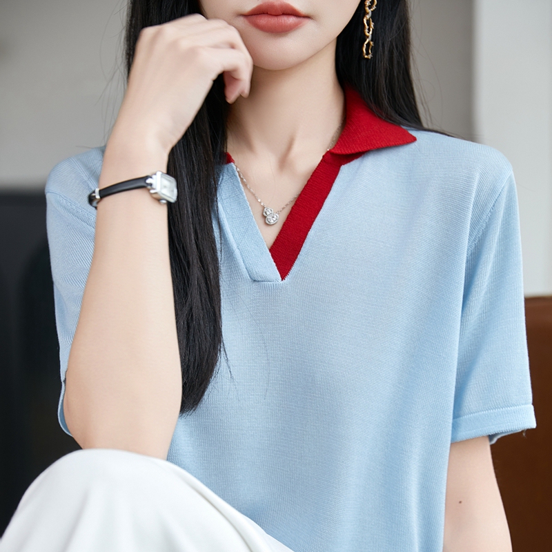 100% Lyocell Tencel Knit Short-Sleeve T-Shirt for Women, Half-Open Collar, Color-Blocked Half-Sleeve Top, Loose-Fitting Base Shirt