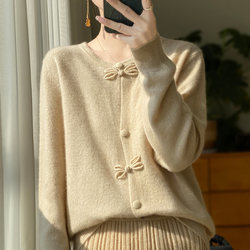 Spring and autumn retro new Chinese 100%pure cashmere cardigan women's plate buckle long -sleeved jacket sweater loose sweater top