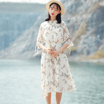 MAJE KARA 2021 summer new dress female art vintage French girl Platycodon print Medium-length dress