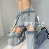 Съемные прямые свободные джинсы, приталенные дизайнерские штаны, в американском стиле, высокая талия, свободный крой, тренд сезона