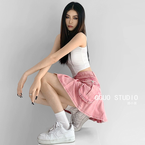 Летняя розовая джинсовая юбка, юбка в складку, высокая талия, А-силуэт