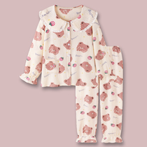 Strawberry bear Japanese cute doll collar cotton gauze pajamas spring and autumn women sweet long sleeve student home clothes