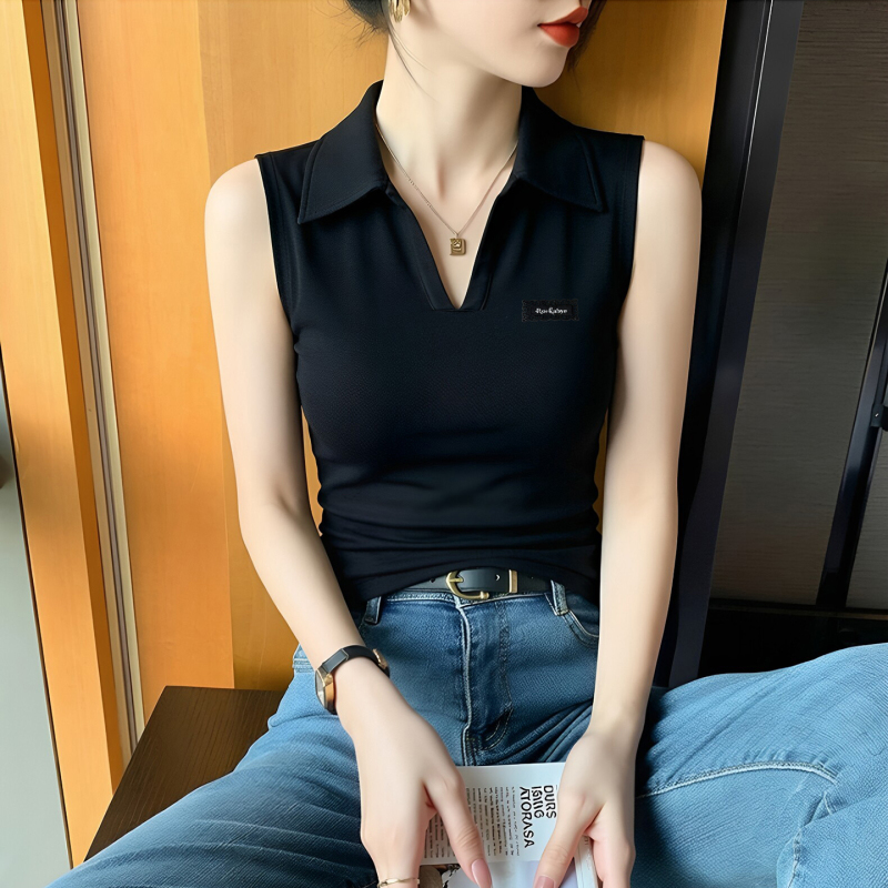 Black Polo Collar Sleeveless Crop Top with English Embroidery, Slim Fit, Outerwear Style Black Polo Collar Sleeveless Crop Top with English Embroidery, Slim Fit, Outerwear Style