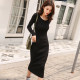 2021 Fall/Winter Long Sleeve Tight Knit Dress Black Mid-length Sweater Skirt Over-the-knee Slim Base Dress