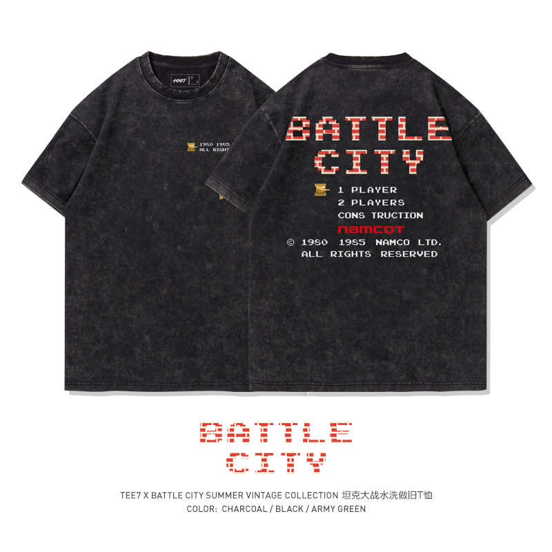 Tee7-Nostalgic Game Nintendo Tank Battle T-Shirt Washed and Distressed American Retro Loose Cotton Short-Sleeved
