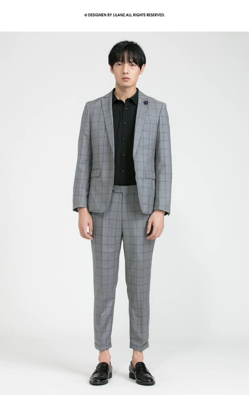 Lilang chính thức phù hợp với nam mỏng phiên bản Hàn Quốc của 100% phù hợp với len phù hợp với thời trang kiểm tra mẫu phù hợp với nam - Suit phù hợp