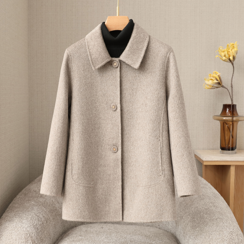 Double-Sided Woolen Coat for Petite Women, Woolen Coat for Women, Mid-Length Coat, Pure Wool, High-End Mother's Clothing