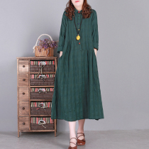 Clothes all Gagger Art retro cotton linen grid loose pure color 100 hitch long style dress with dress fall Women long sleeves