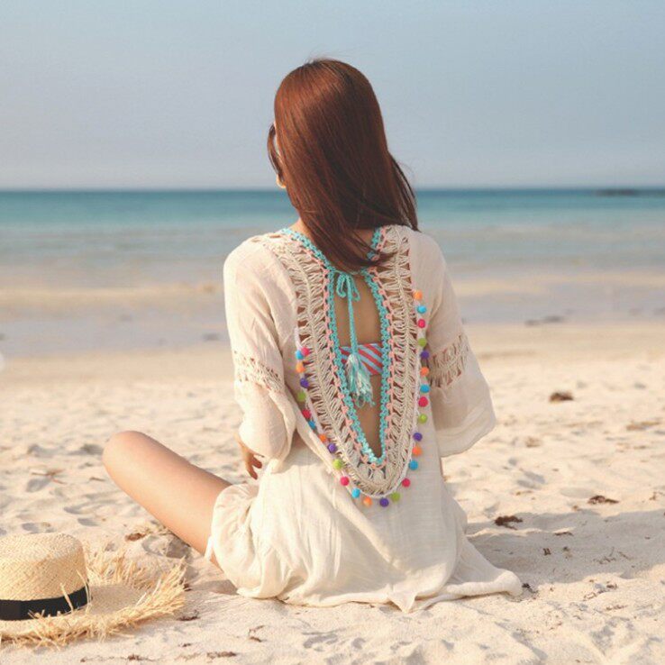 South Korean dew-back lacing beach jacket with long version hollowed-out sunscreen sexy bikini swimsuit hood seaside hood skirt