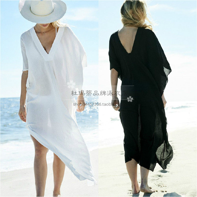 Seaside vacation beach dress black and white solid color Chiffon bikini Swimsuit Sunscreen blouse Jacket Loose blouse long dress
