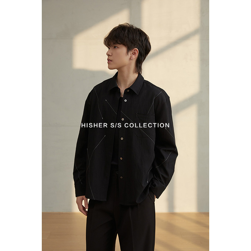 Hisher Coming-Out Style Petite Unisex Design with Contrasting Stitching and Heavy Craftsmanship Black Long-Sleeve Shirt