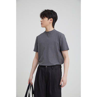 HISHER's petite unisex style [Shoulder buoyancy version] Linen sand pattern charcoal grey high-intelligence commuting T-shirt out of the counter