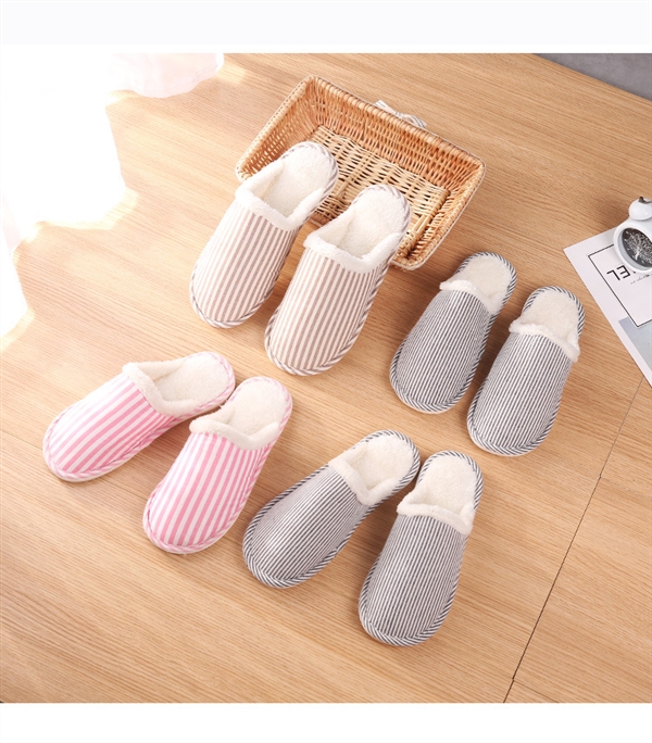 Dép cotton dày mùa đông Trang chủ tối giản sọc đôi dép trong nhà cộng với nhung dày dưới ấm áp nam và nữ dép dép xuồng đế cao