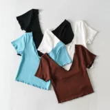 Европейский и американский стиль летние новые и задние деревянные серьги с V-образным вырезом Slim Short T-Sitch Ribbed Cotton Elastic