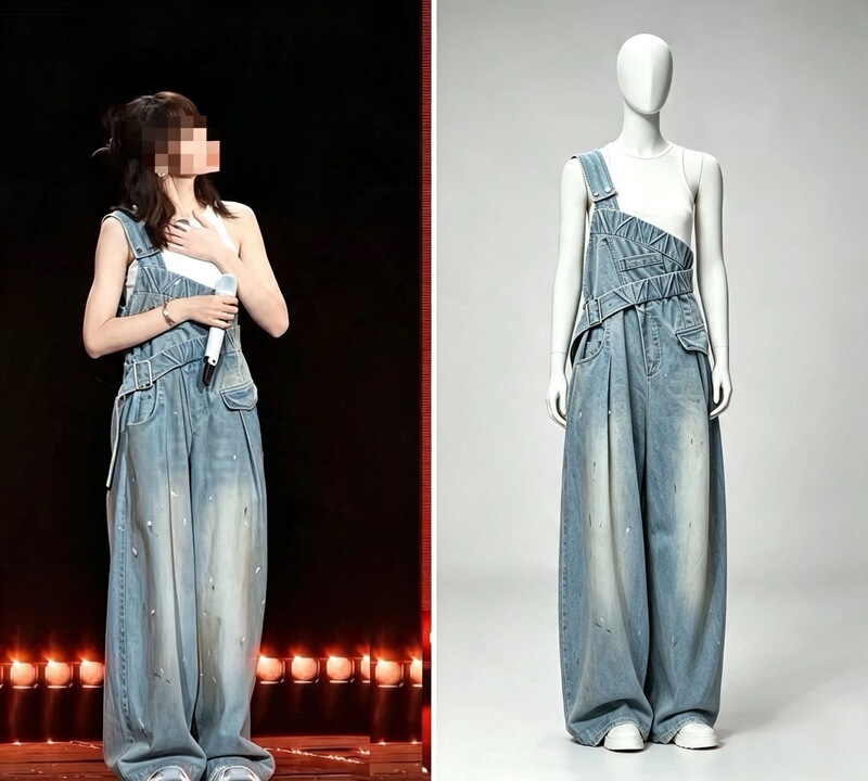 Ren Suxi Style Blue Vintage One-Shoulder Denim Overalls for Women, High-Waisted Wide-Leg Graffiti Jumpsuit with Suspenders