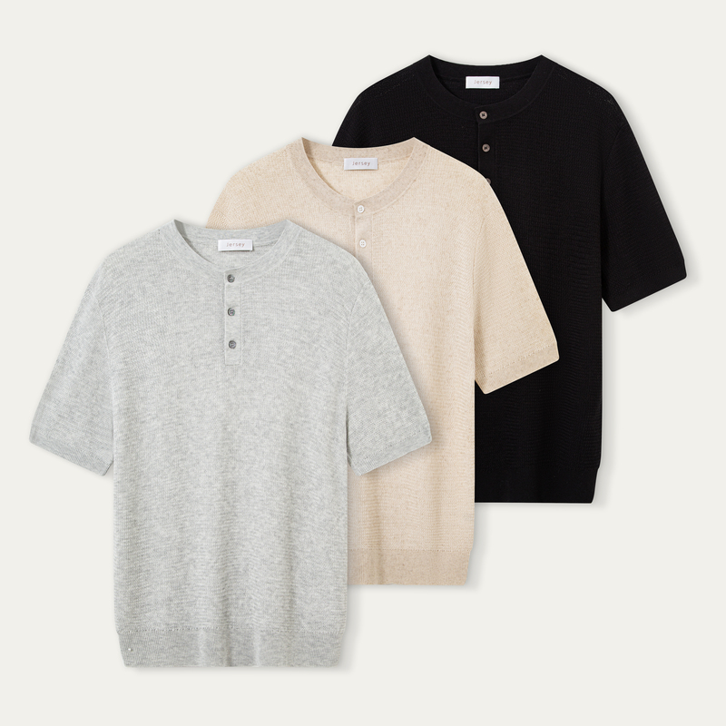 Jersey Zhenqi Linen Lyocell Blend Mother-Of-Pearl Button Summer Cool and Not Stuffy Knit Henry Collar Short Sleeves Jersey Zhenqi Linen Lyocell Blend Mother-Of-Pearl Button Summer Cool and Not Stuffy Knit Henry Collar Short Sleeves