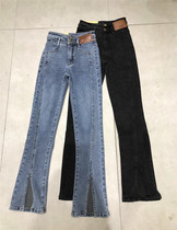 European station thin plus velvet jeans womens 2022 winter Korean style high waist front slit fashion flared trousers