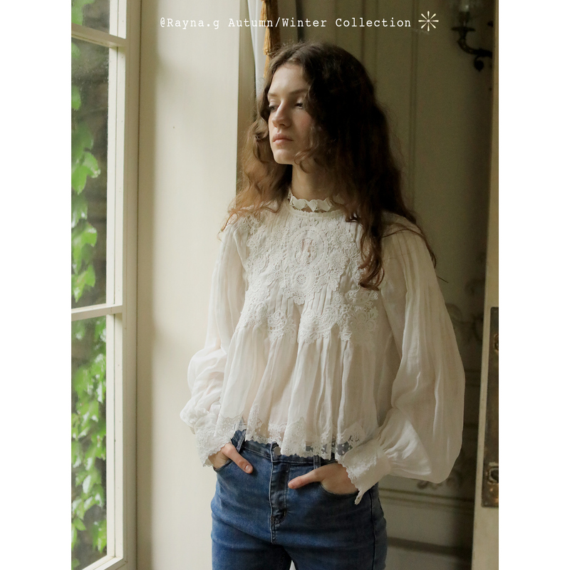 Rayna.G/Rayna Ji 100% Ramie Pleated Heart-Shaped Lace High-Neck Versatile Stand-Up Collar Shirt Long-Sleeve Top Rayna.G/Rayna Ji 100% Ramie Pleated Heart-Shaped Lace High-Neck Versatile Stand-Up Collar Shirt Long-Sleeve Top