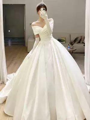 Satin wedding dress 2021 New temperament bridal forest line shoulder French court princess style super fairy tail summer