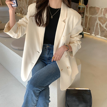 202200 lapped Fried Street Spring Casual Loose double-row buttoned white suit jacket Womens casual mid-suit jacket