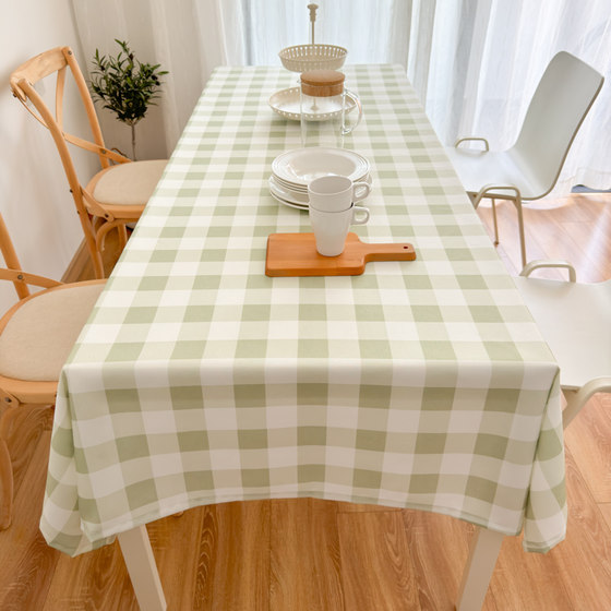 浅蓝格子防水防油免洗桌布布艺棉麻餐厅茶几台布书桌盖布简约现代