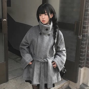 冬天日记 高领双扣宽松呢大衣外套 复古廓形立领百搭腰带短款风衣