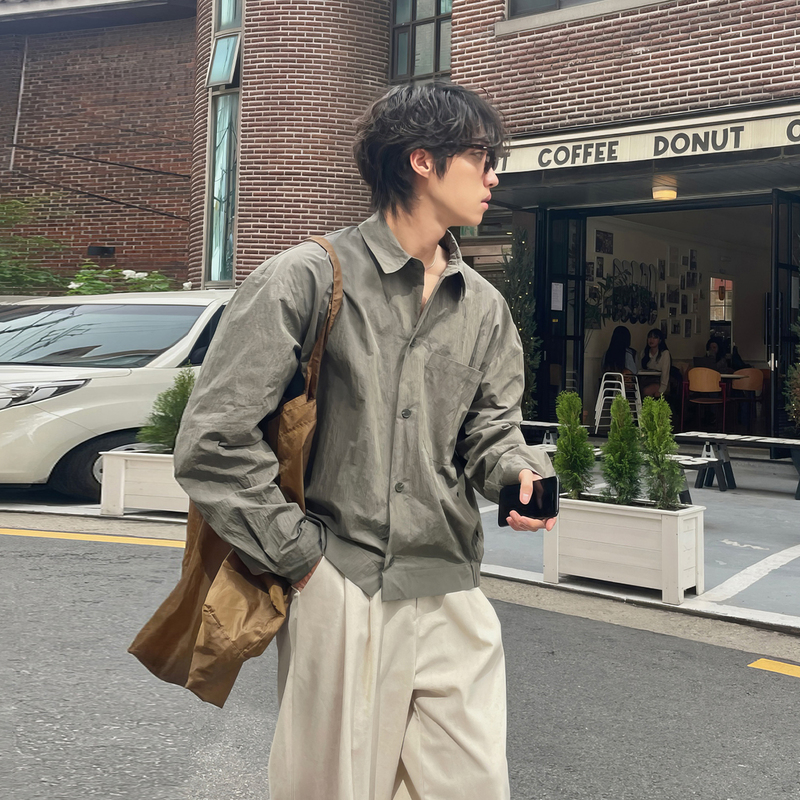 Gray-Green Long-Sleeved Lapel Shirt for Men, Spring and Autumn, Korean Style, Hong Kong Style, Retro, Lightweight, Casual, Sun-Protective, Loose-Fitting Shirt