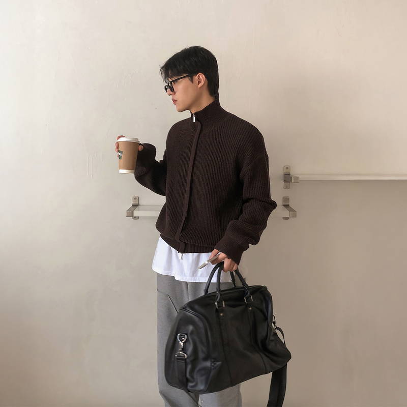 Men's Short Cardigan with Double Zipper in Maillard Brown, Featuring a Turn-Down Collar, Trendy Brand, Casual Style, Knitted Sweater Jacket