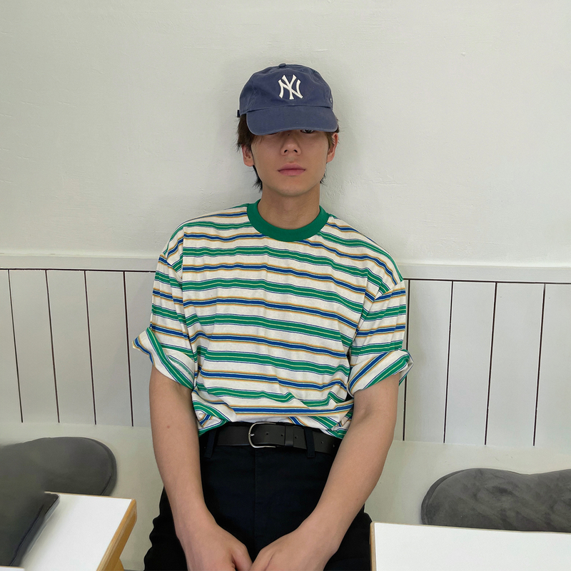 Green Striped Crew Neck Short-Sleeve T-Shirt for Men, New Summer Trendy Loose Casual Versatile Japanese Style Top