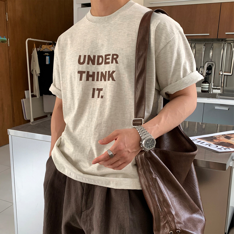 Oatmeal-Colored Knitted Short-Sleeve T-Shirt for Men, Dongdaemun Korean Style Letter Print Top, Designer Men's Casual Pants Oatmeal-Colored Knitted Short-Sleeve T-Shirt for Men, Dongdaemun Korean Style Letter Print Top, Designer Men's Casual Pants