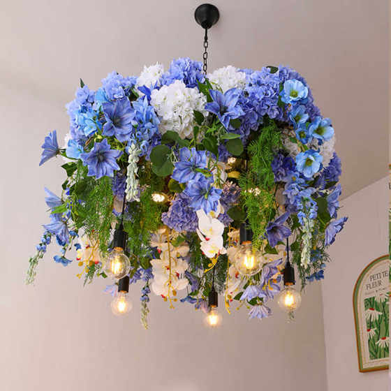 Plant Chandelier Restaurant Decoration Chandelier Blue and White Floral Trendy Bubble House Glass Room Restaurant Ceiling Decoration Light