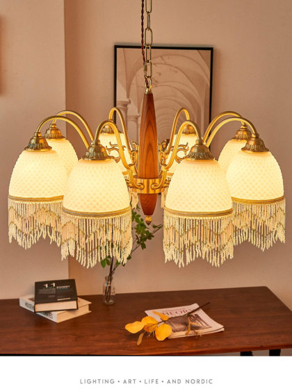 American Retro Living Room Chandelier, Country-Style Walnut Mesh Glass Tassel Lamp, Vintage All-Copper Dining Room Bedroom Chandelier