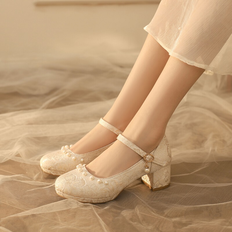 Can'T Hide It Anymore~ 5cm Nude-Colored Single-Strap Round-Toe Shoes to Match Skirts and Cheongsams, Chunky High-Heeled Shoes with a Chinese Style Can'T Hide It Anymore~ 5cm Nude-Colored Single-Strap Round-Toe Shoes to Match Skirts and Cheongsams, Chunky High-Heeled Shoes with a Chinese Style