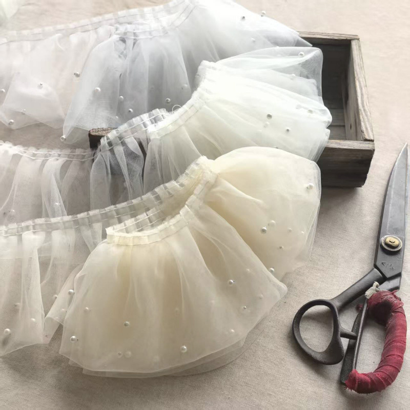 12cm Wide Swiss Mesh Ruched Beaded Lace Collar with Beaded Trim Skirt Hem Doll Dress Decoration 12cm Wide Swiss Mesh Ruched Beaded Lace Collar with Beaded Trim Skirt Hem Doll Dress Decoration