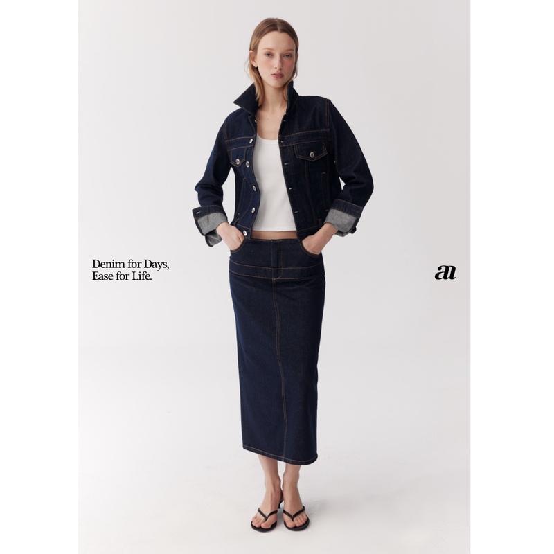 Madeinam Solid Color Washed Raw Denim_Fashionable Deconstructed Denim Short Jacket/Slit Skirt Set