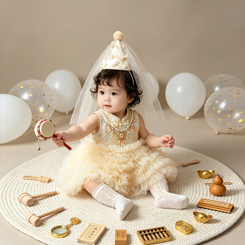 One-Year-Old Girl's Dress, Summer New Chinese-Style Birthday Party Outfit, Puffy Skirt, Girl's Clothing, Baby Princess Dress