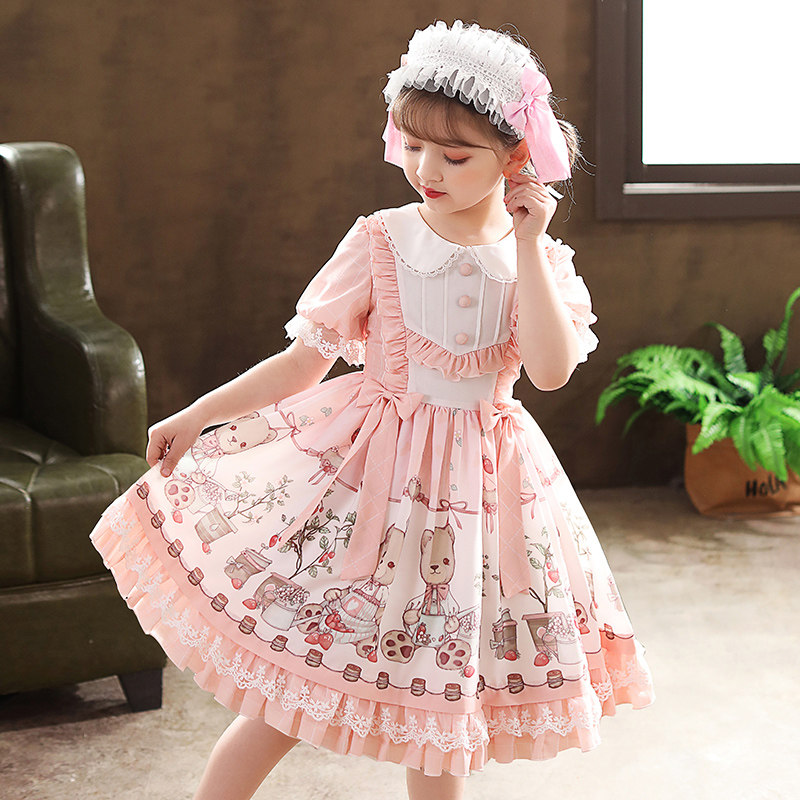 Children's lolita girl princess dress new female treasure summer short-sleeved lolita skirt shrimp pink children's dress