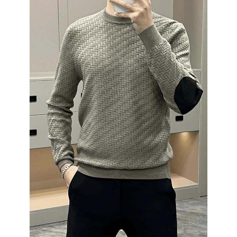 Men's Light Luxury Pullover Sweater, New Autumn and Winter Style, Versatile Diamond Pattern, Casual Solid Color, Long-Sleeved Round Neck Knitted Base Shirt
