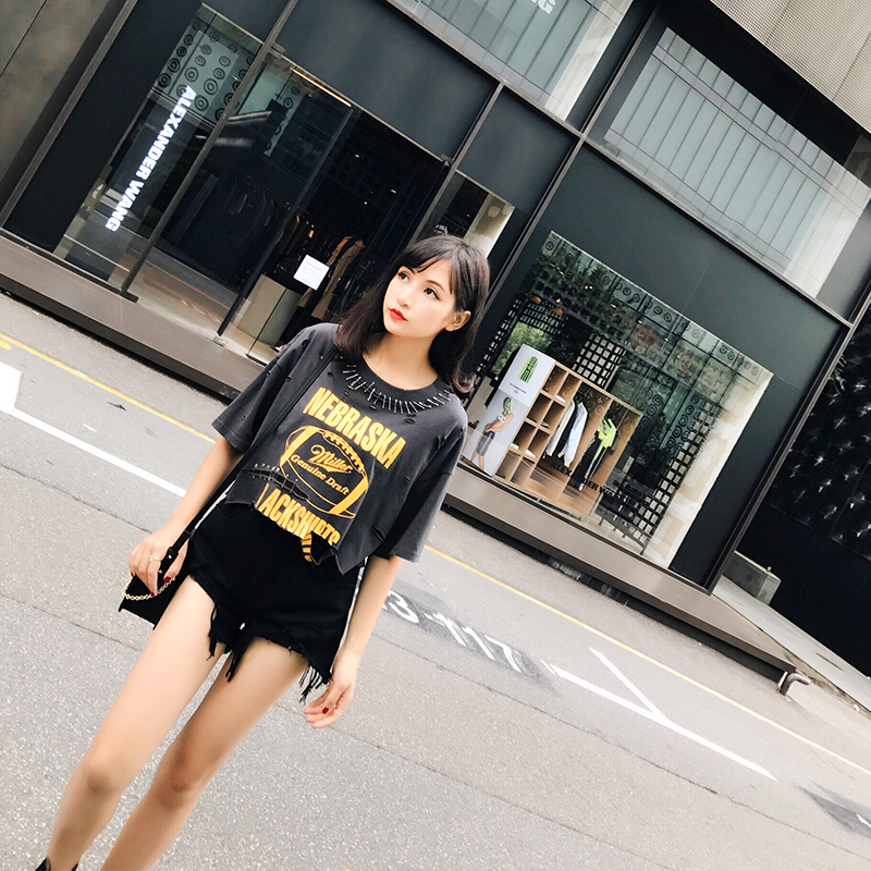 周小熊BEARUN 2017秋季短款T恤女五分袖欧美百搭宽松个性破洞上衣