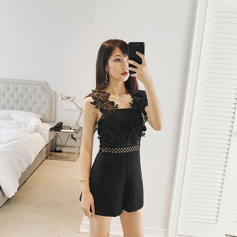 周小熊BEARUN 裤子2017新款女 性感黑色蕾丝连体裤时尚阔腿裤女夏