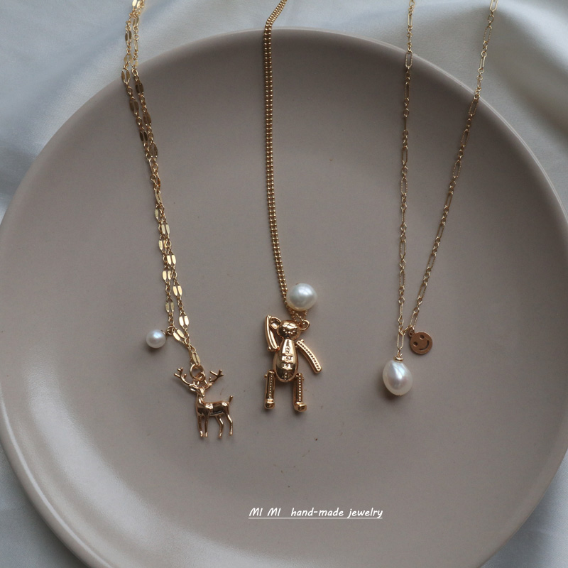 MIMI Original 14K Notes Gold Animal Small Deer Small Bear Smiling Face Pearl Pendant Long Necklace Collarbone Chain Fur Coat Chain