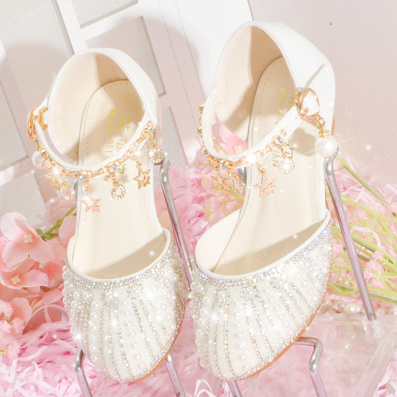 Children's White Princess Shoes, High-Heeled Soft-Soled Leather Shoes, Female Students' Performance Catwalk Host Dress with Heels, Crystal Shoes