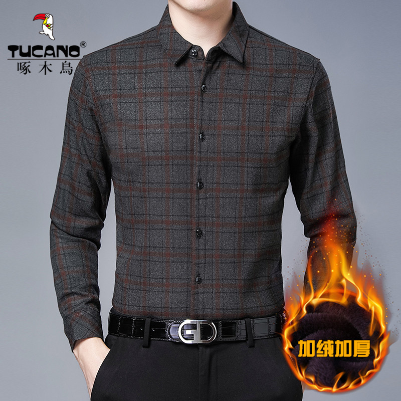 Woodpecker middle-aged men's casual large size Sizes Plaid Wool Shirt Plus Suede Thickened Warm Underwear Long Sleeve Inch Shirt