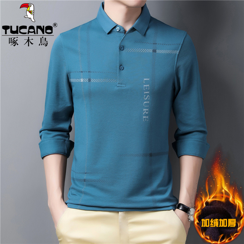 Woodpecker winter middle-aged men's business casual plus velvet thickened Polo shirt thermal underwear can be worn outside