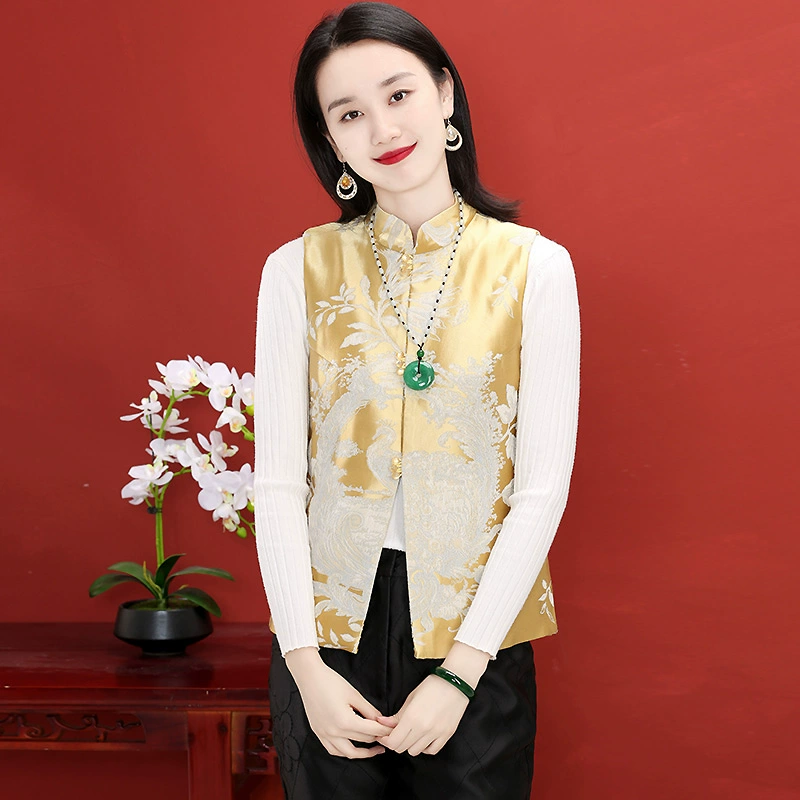 Áo khoác ghi lê retro jacquard của phụ nữ mùa thu, cỡ lớn, phong cách Trung Quốc, áo khoác vest ngắn, áo ghi lê, hàng đầu Trung Quốc, quần áo phụ nữ - Áo vest