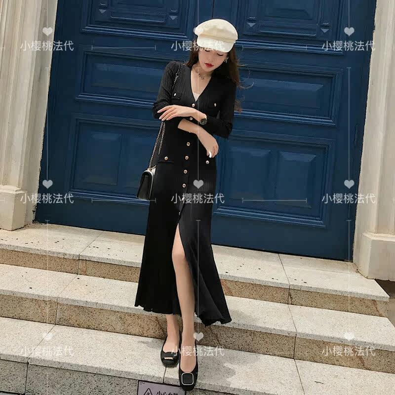 (Cherry France) Sandro 20 FW Buckle V Neck Rib Knit Dress SFPRO01231