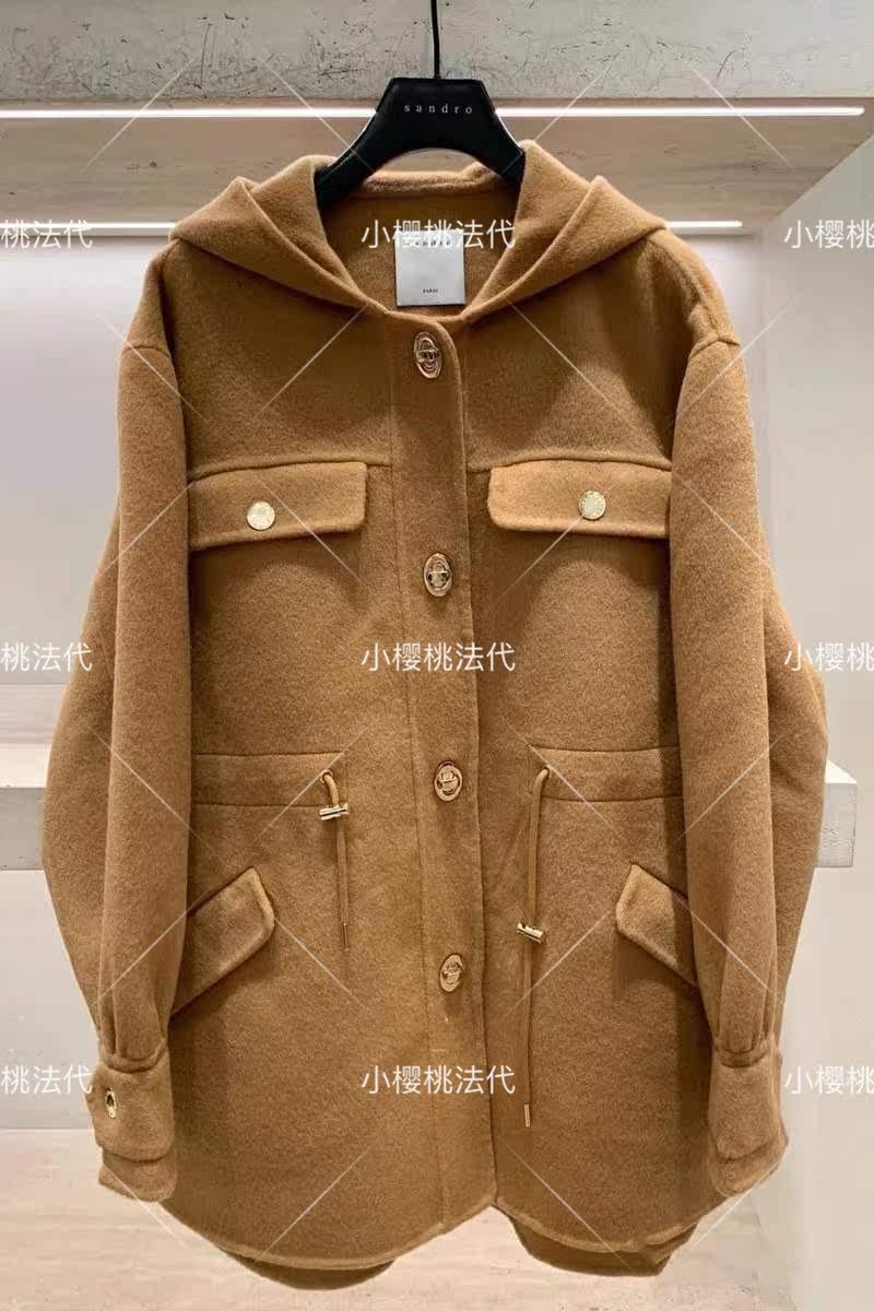 SANDRO draw rope bunches waist even cap in long version wool coat jacket 21 autumn and winter women SFPOU00375