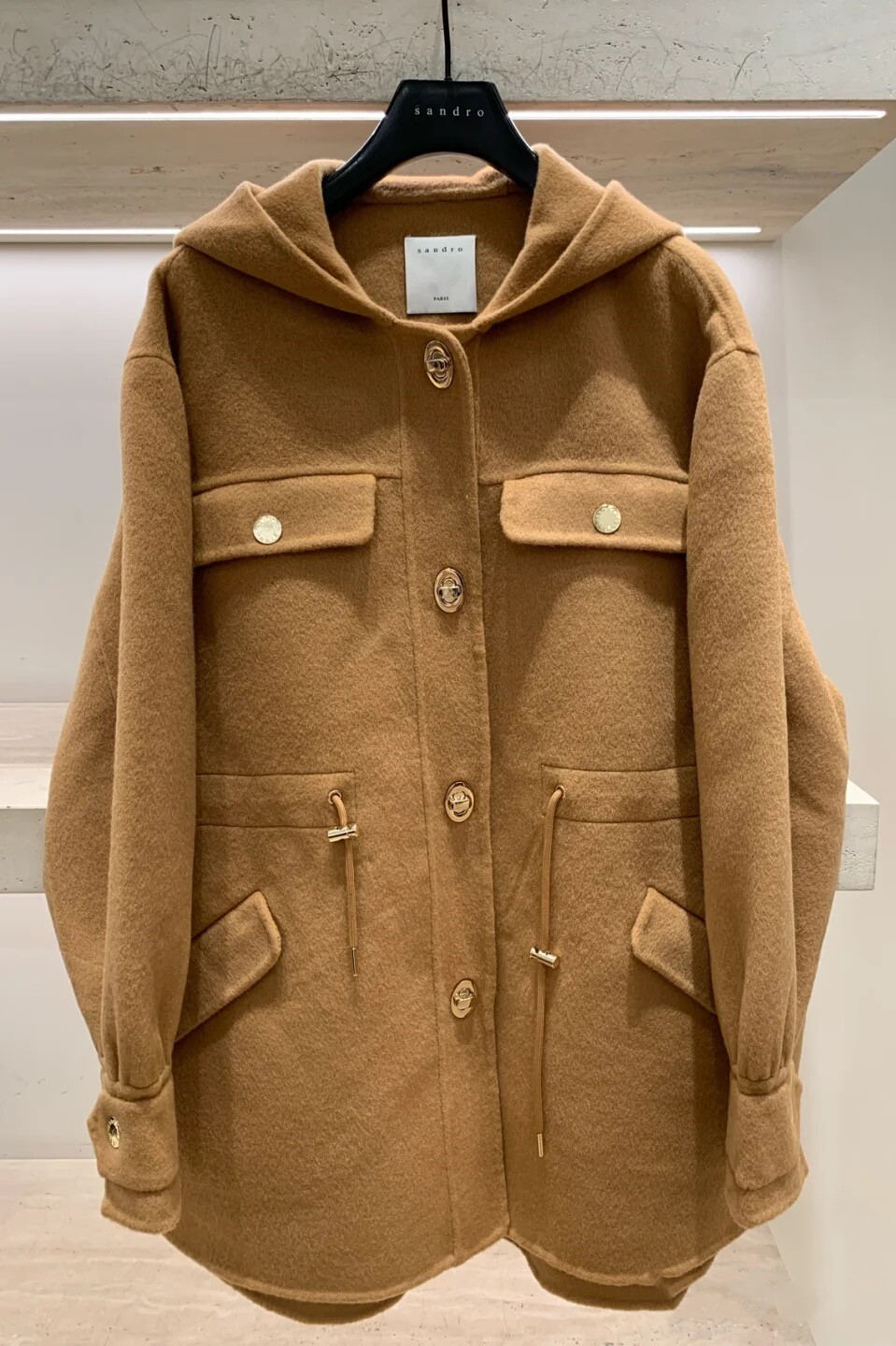 SANDRO draw rope bunches waist even cap in long version wool coat jacket 21 autumn and winter women SFPOU00375